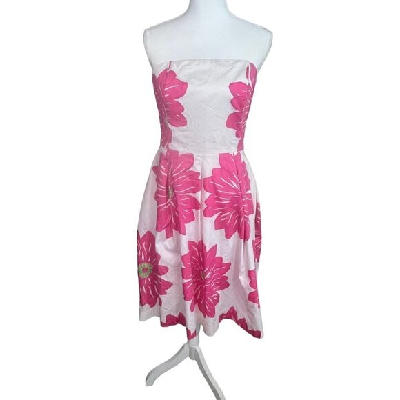 Lilly Pulitzer Strapless White & Pink Floral Fit and Flare Dress, Size 8 - Picture 1 of 6